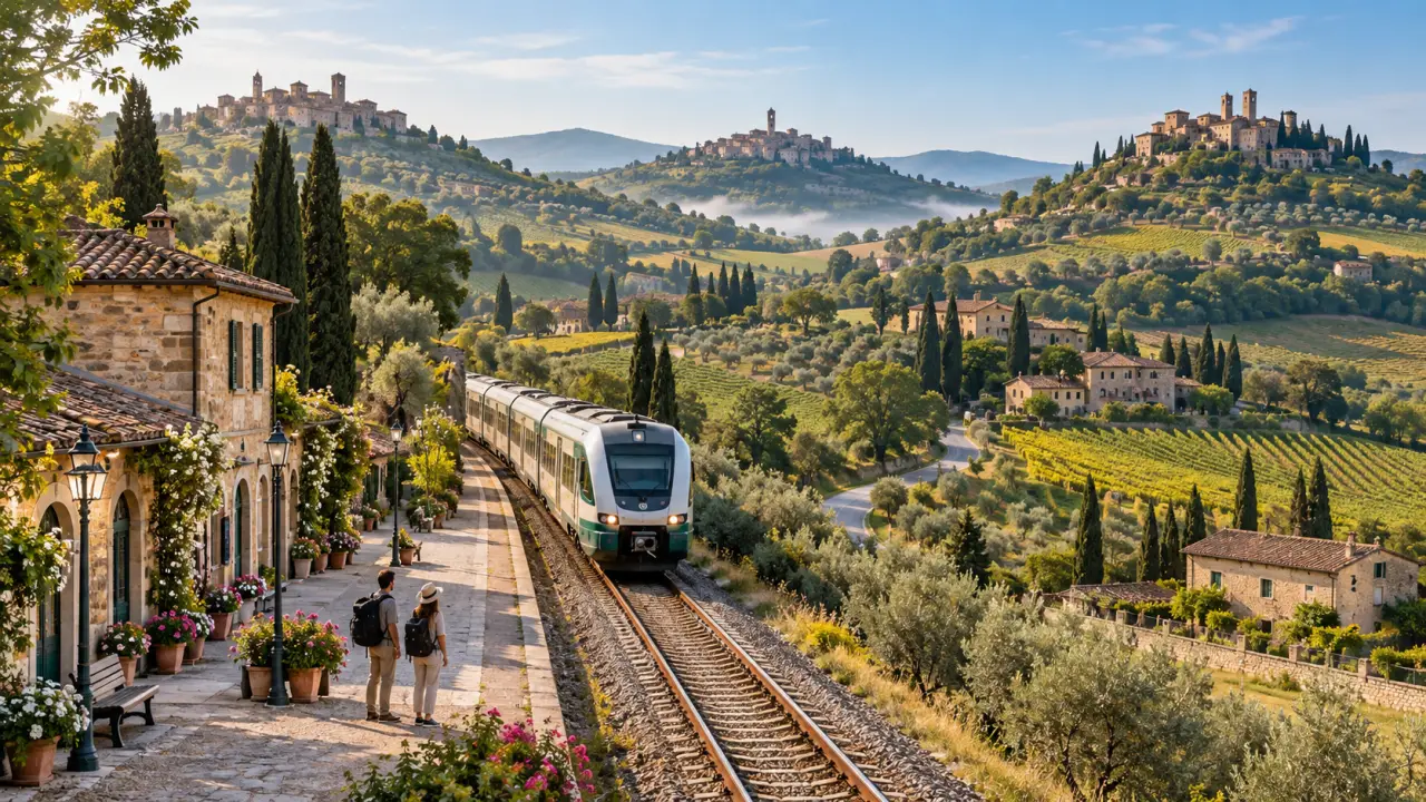 Train régional traversant les paysages vallonnés de Toscane