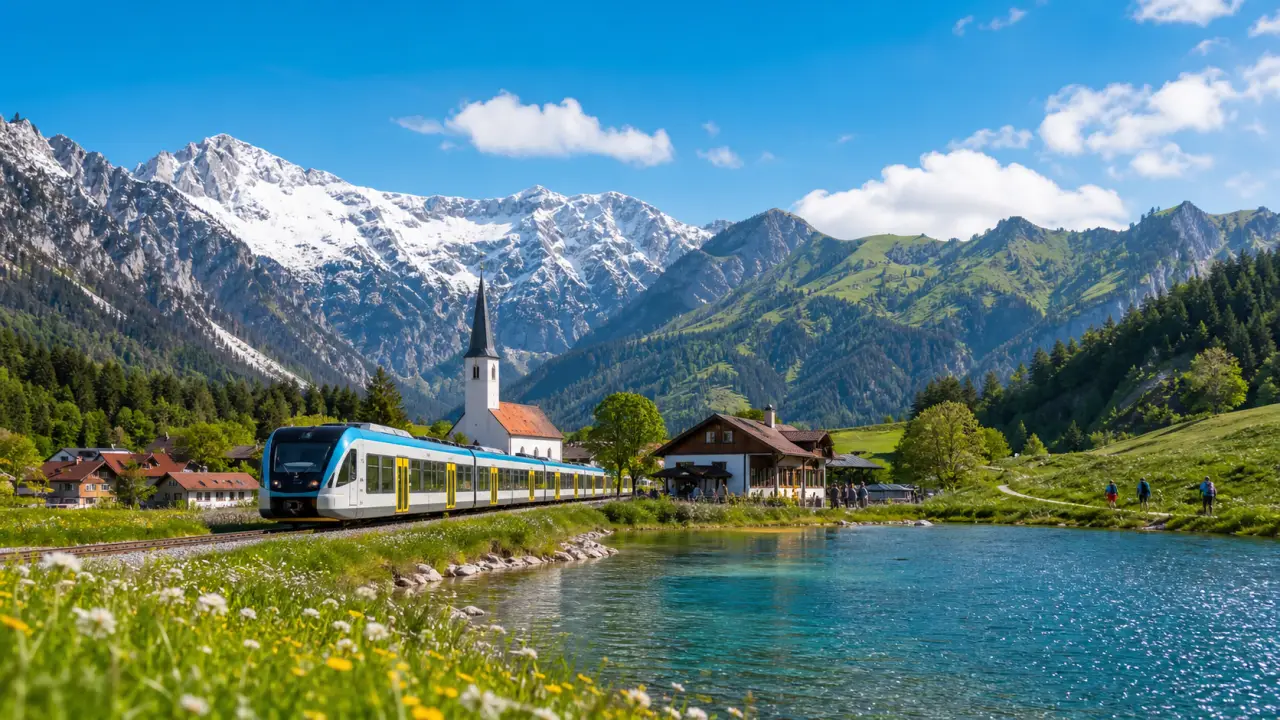 Vue depuis un train régional en Bavière, sur une vallée verdoyante et un village baigné par la lumière dorée