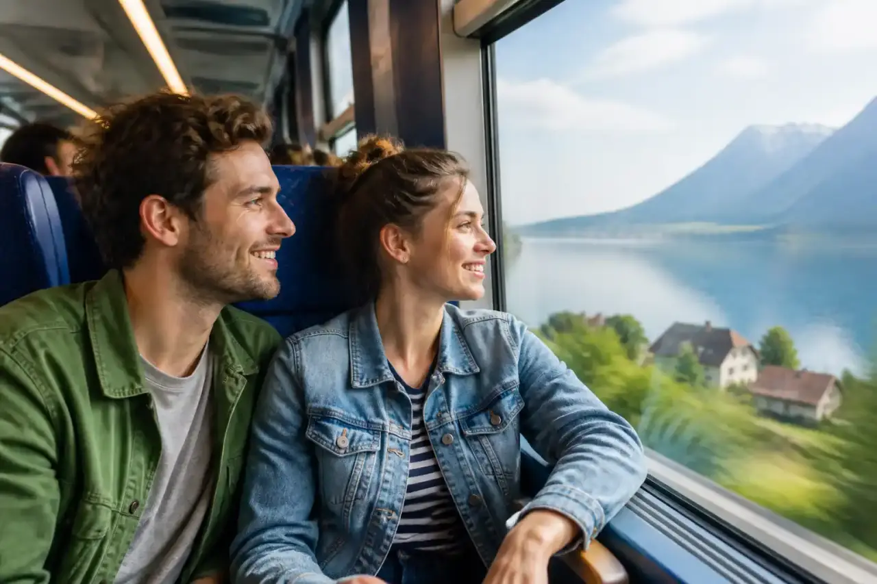 Un train régional traversant un magnifique paysage de montagnes et de forêts en Europe