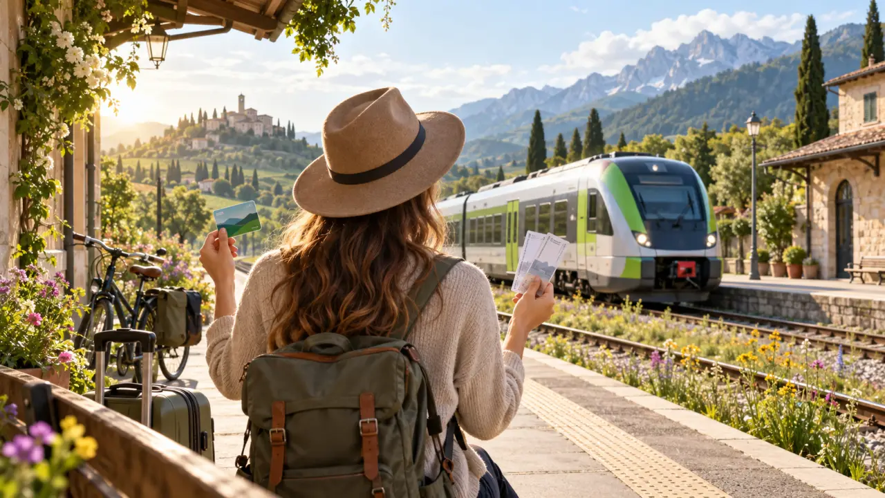 Train régional traversant un paysage européen verdoyant