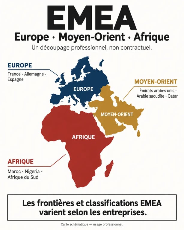 Infographie explicative de l’EMEA zone et de ses trois sous-régions