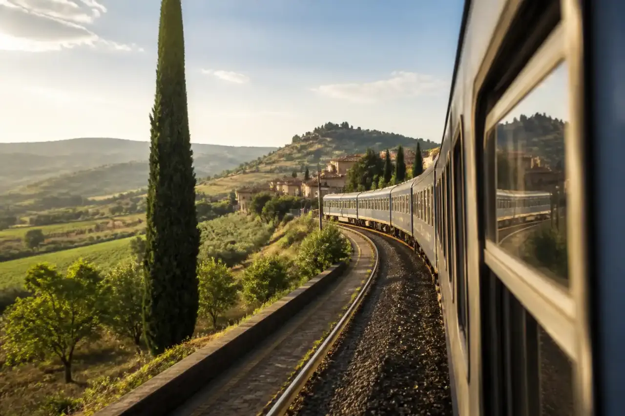 Vue depuis un train régional en Toscane sur une vallée verdoyante et un village perché