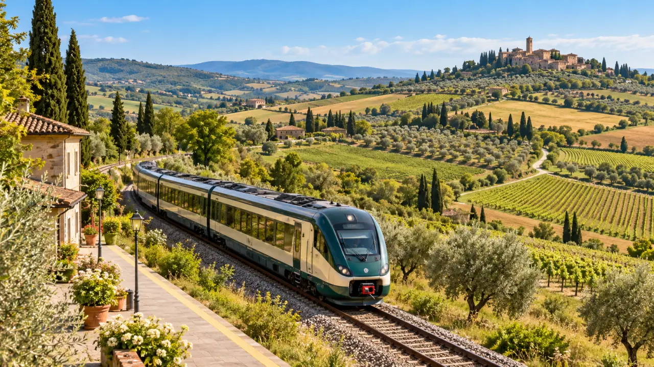Train régional traversant les paysages vallonnés de Toscane