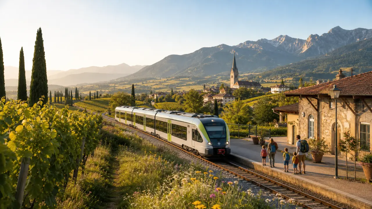 Vue depuis un train régional sur une vallée verdoyante et un village européen au soleil couchant
