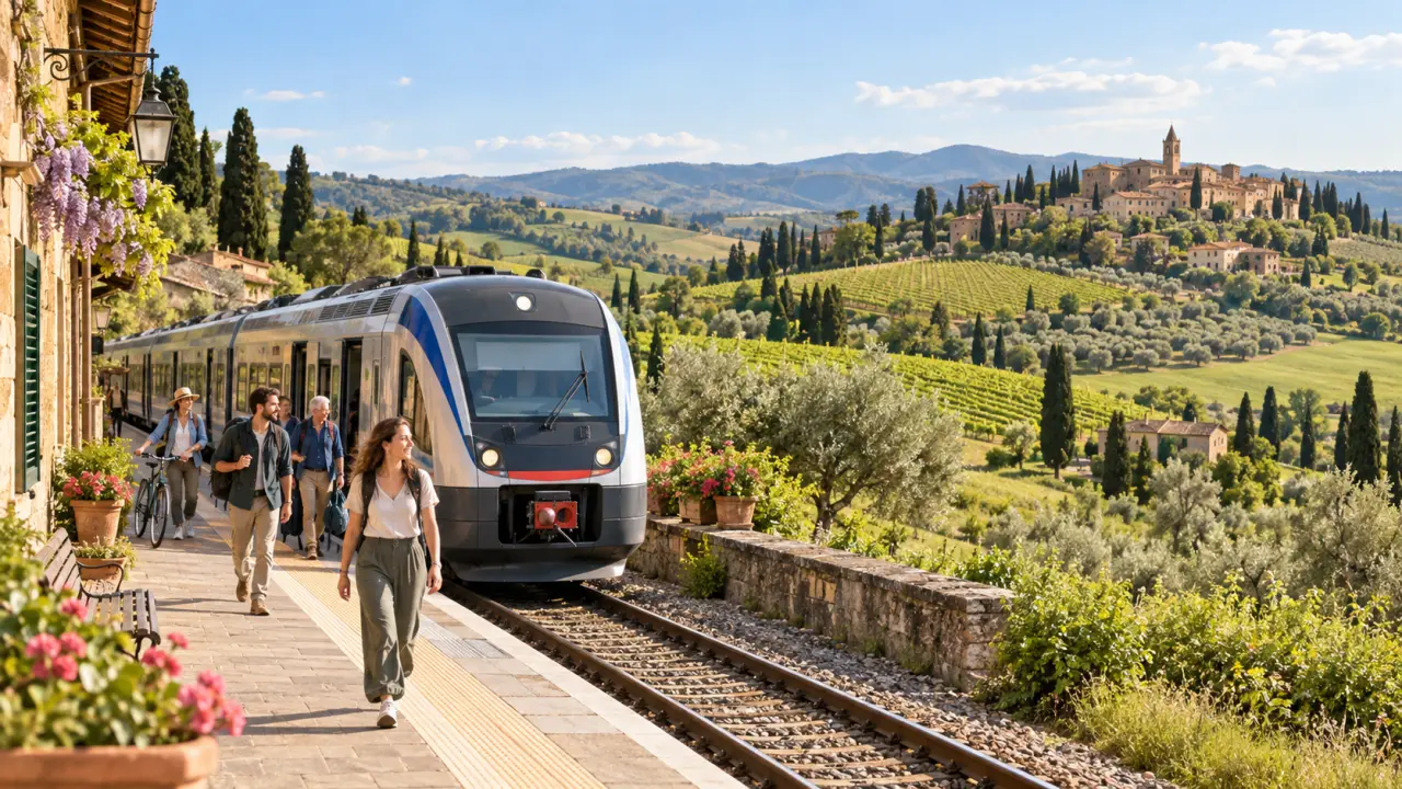 Train régional traversant les paysages vallonnés de Toscane
