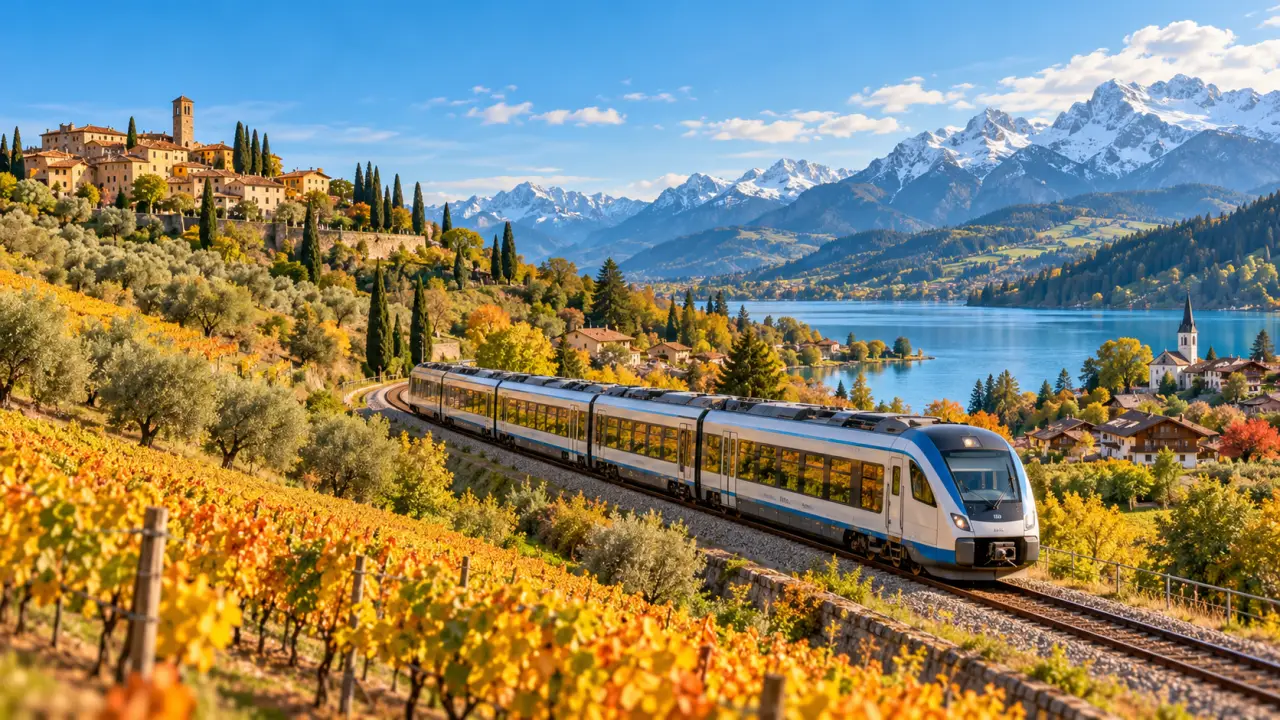 Train régional traversant un paysage européen entre la Toscane et la Bavière