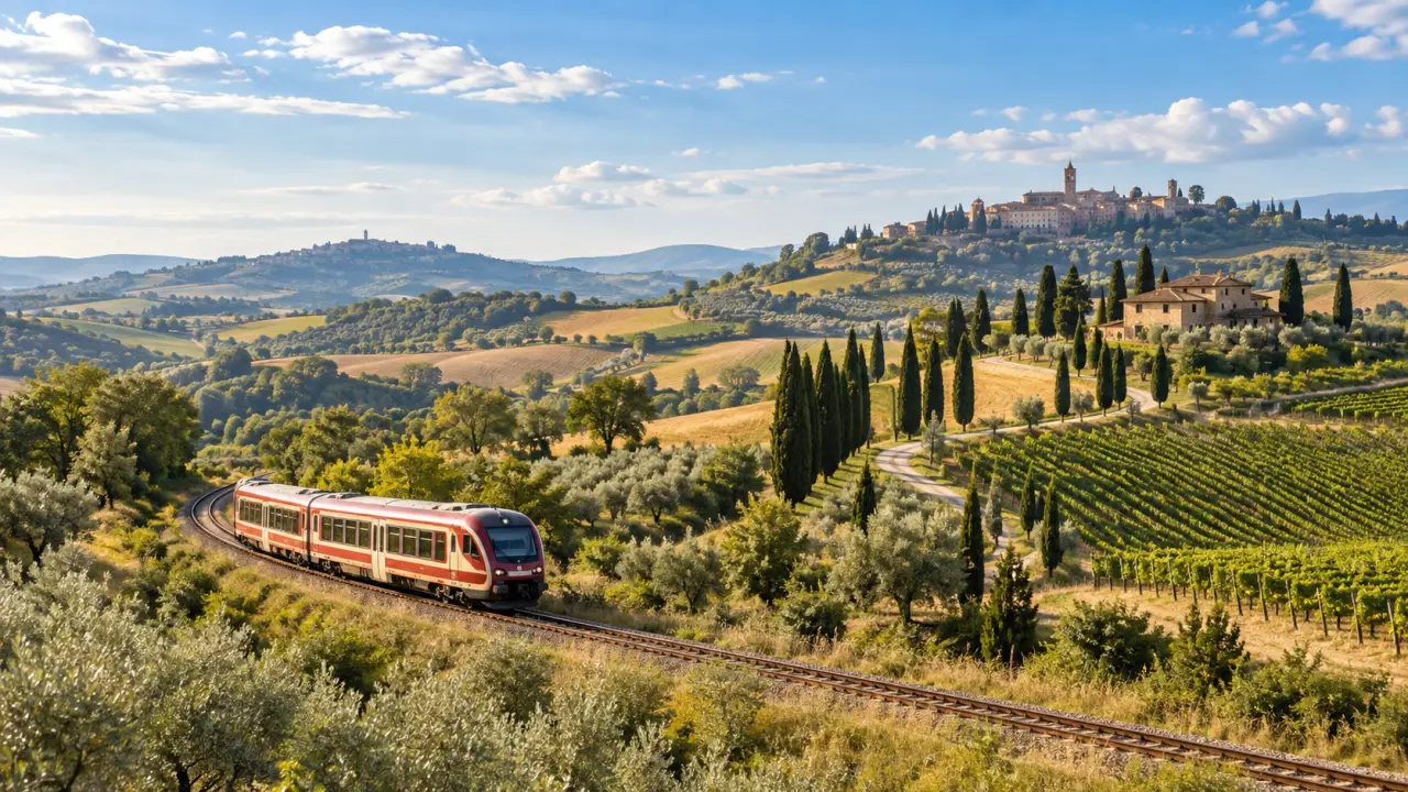 Train régional traversant les paysages vallonnés de Toscane