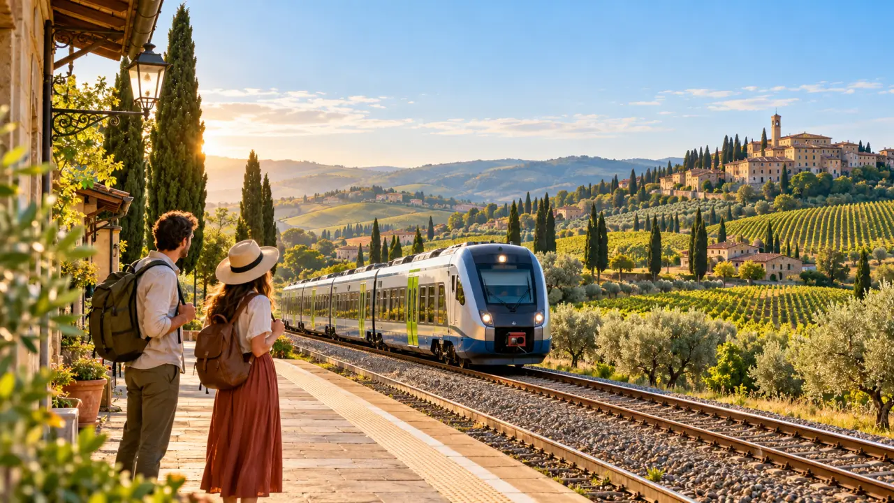 Train régional traversant les paysages vallonnés de Toscane