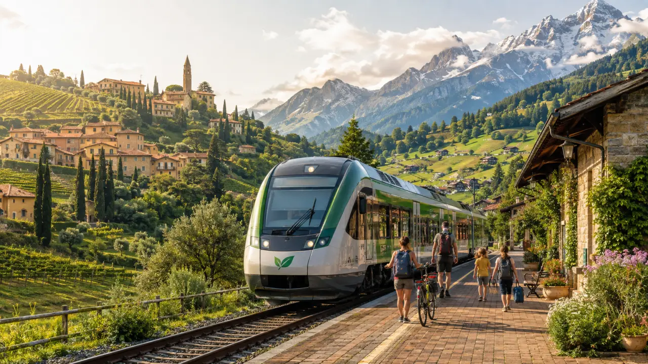 Vue depuis la fenêtre d'un train régional sur une vallée verdoyante et un village européen au soleil couchant