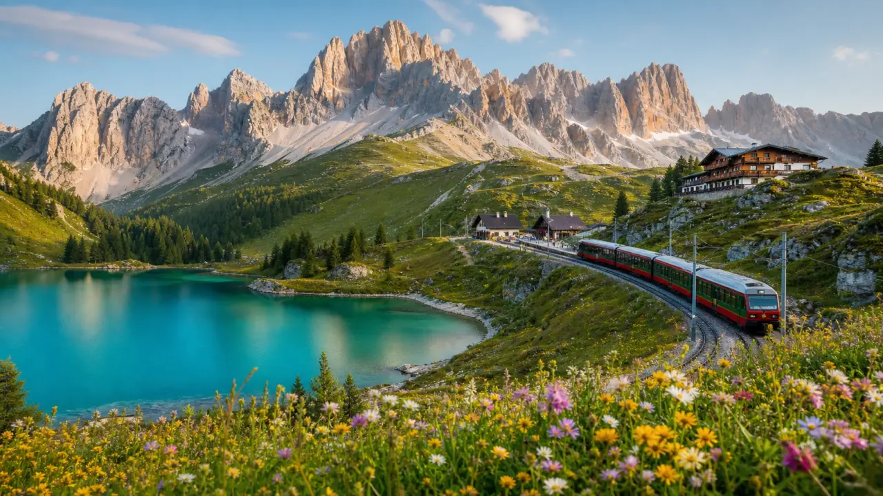 Vue depuis un train régional sur les Dolomites, avec une vallée verdoyante, un lac alpin et des montagnes baignées de lumière