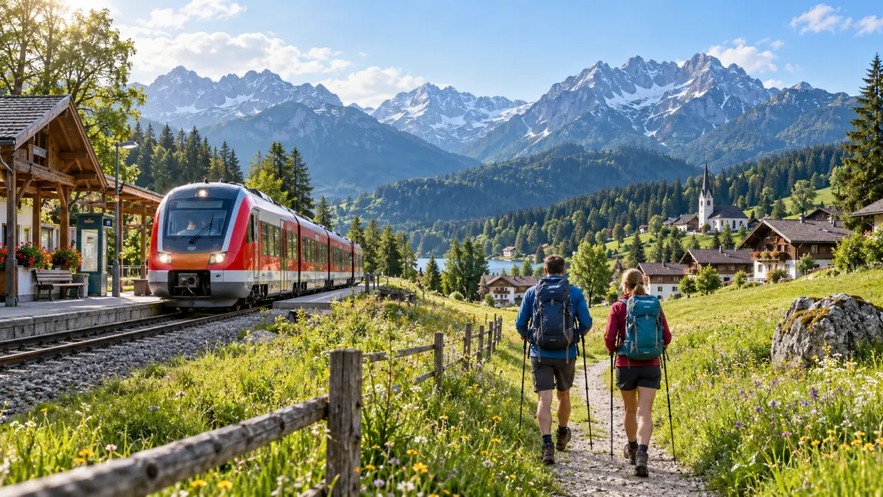 Train régional traversant les paysages alpins de Bavière
