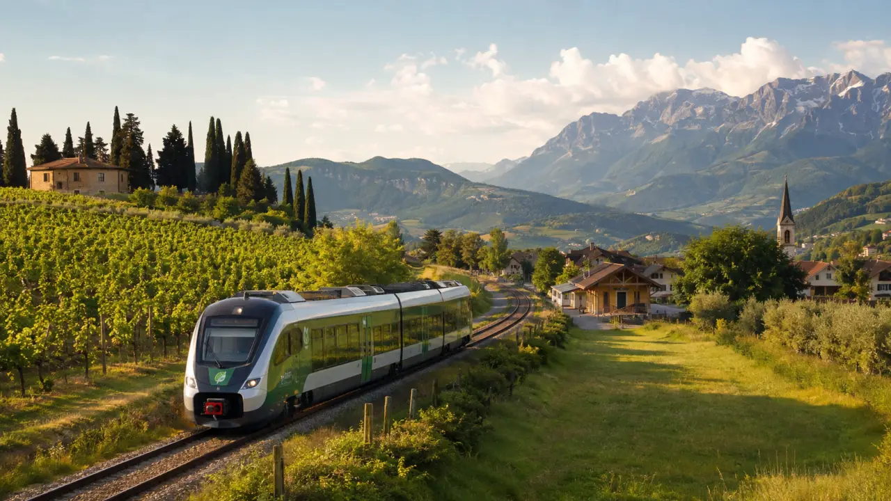 Vue depuis la fenêtre d’un train régional traversant une vallée verdoyante vers un village européen