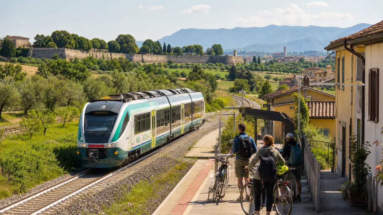 Vue depuis un train régional sur une vallée toscane verdoyante menant vers un village pittoresque