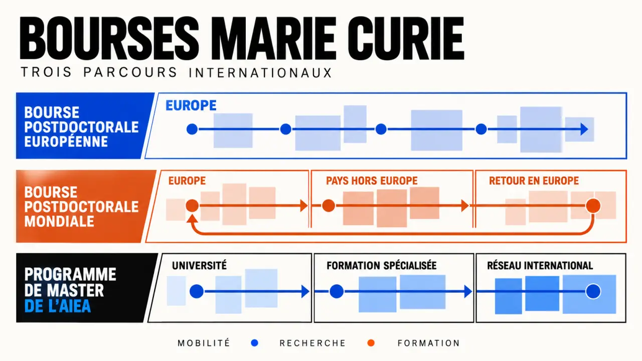 Infographie sur les bourses Marie Curie et les trois principaux parcours de financement