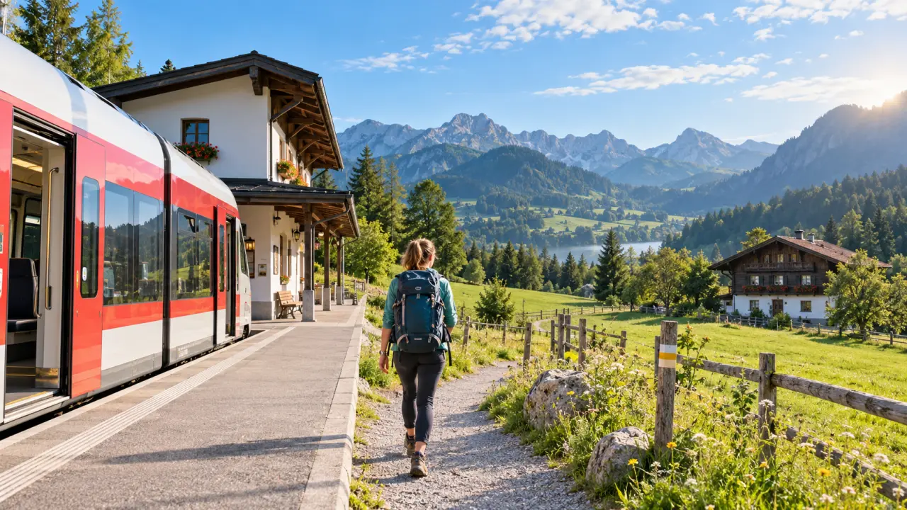 Train régional traversant les paysages alpins de Bavière