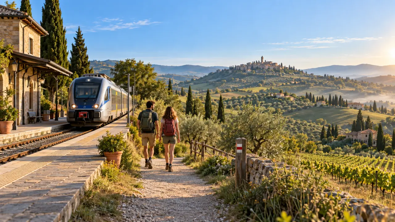 Train régional traversant les paysages vallonnés de Toscane