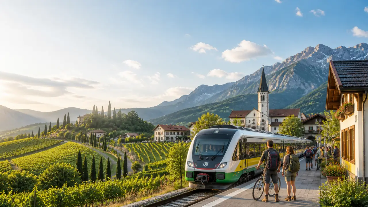 Vue depuis la fenêtre d'un train régional sur une vallée verdoyante et un village européen au coucher du soleil