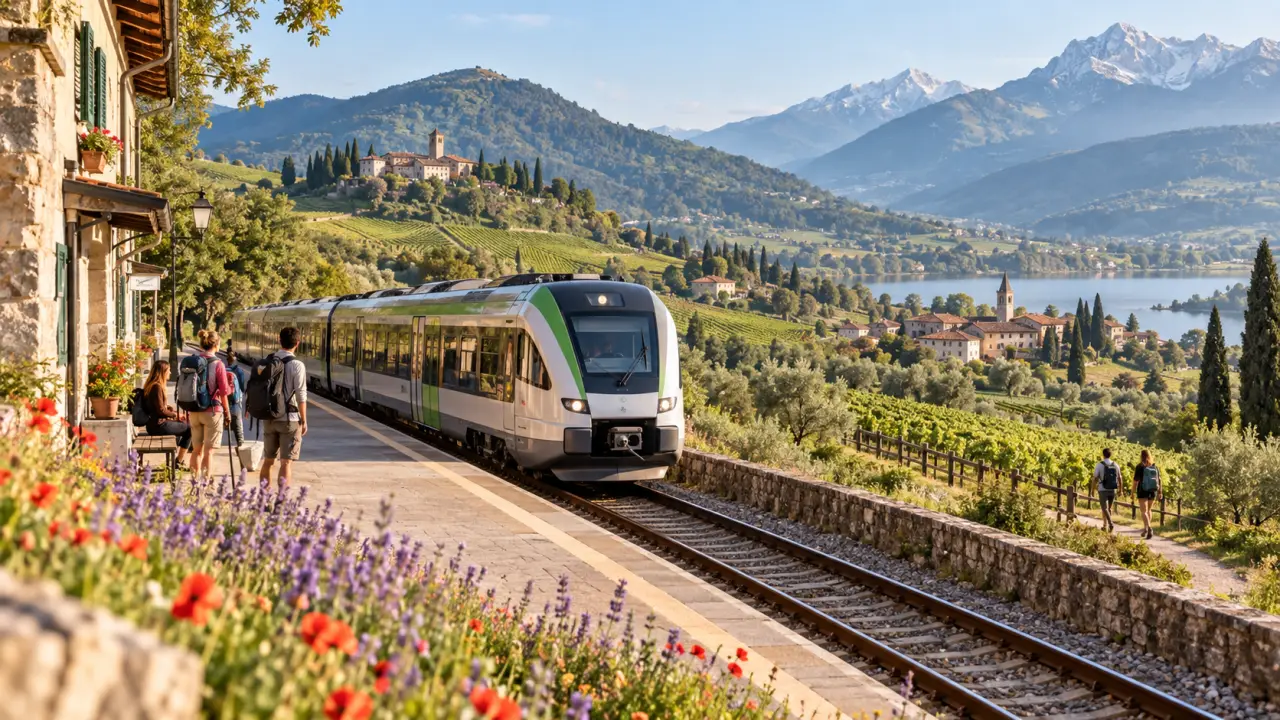 Train régional traversant un paysage verdoyant en Europe