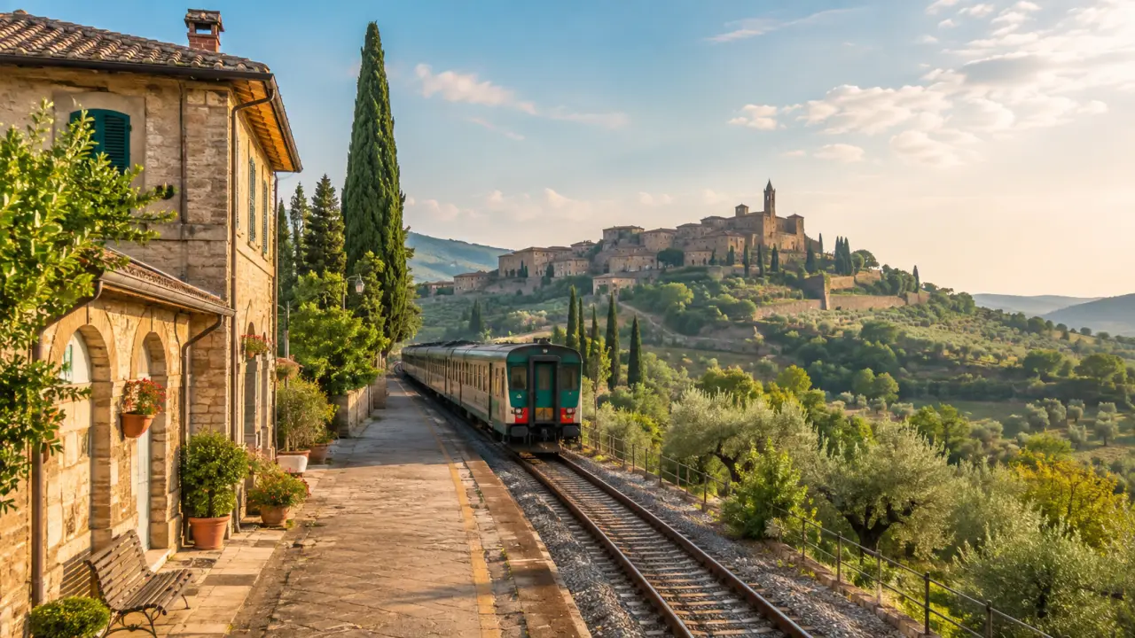 Vue depuis un train régional sur une vallée verte et un village ombrien baigné de lumière dorée