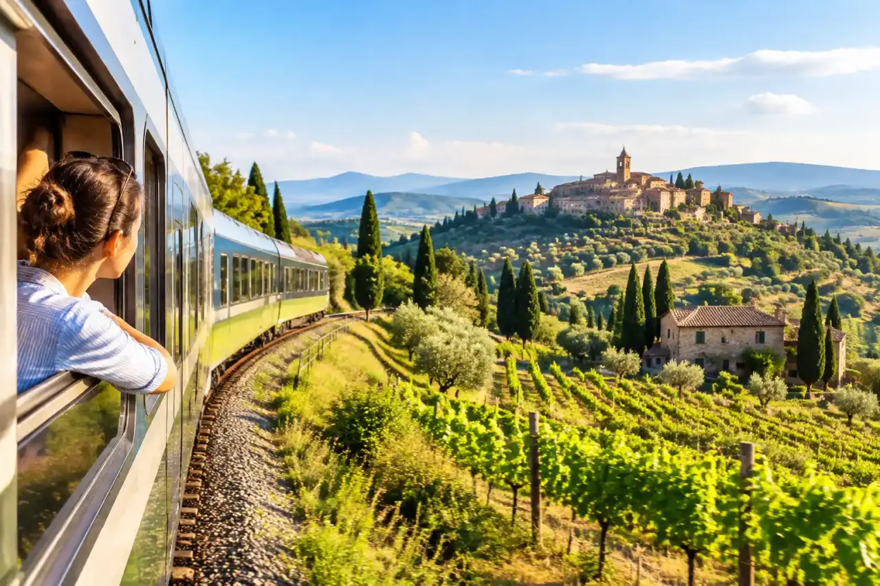Train régional traversant les paysages vallonnés de Toscane