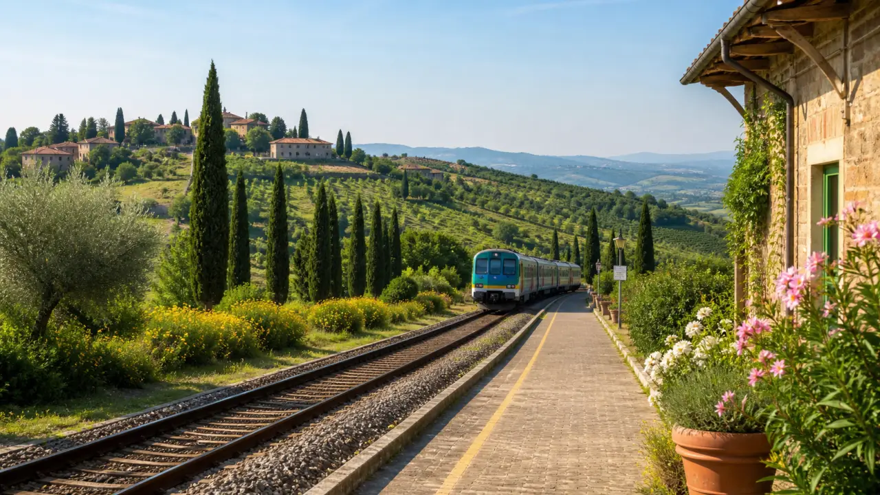 Vue depuis un train régional moderne sur une vallée toscane et un village au loin