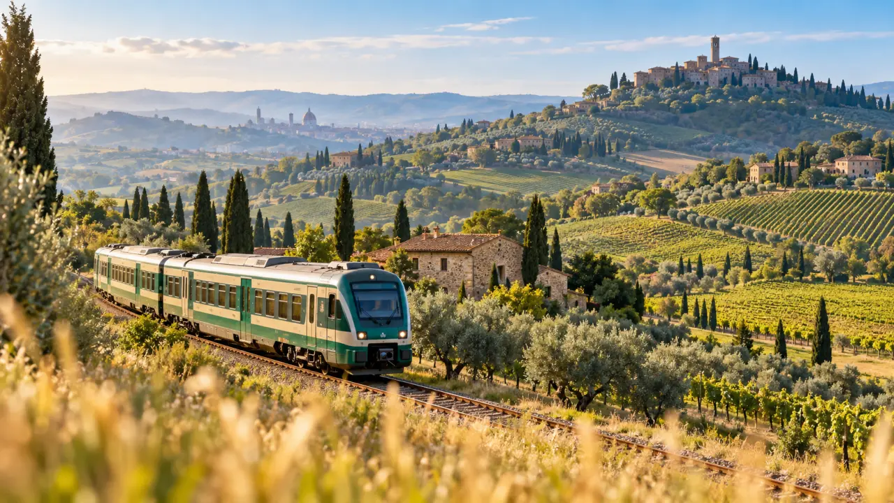 Train régional traversant les paysages vallonnés de Toscane