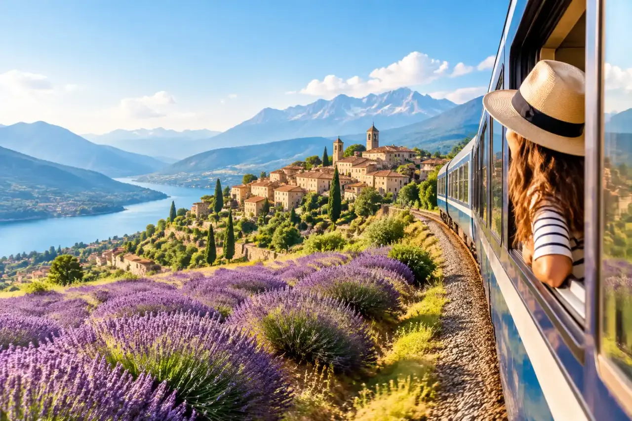 Train régional traversant un paysage européen entre montagnes givrées et champs de lavande
