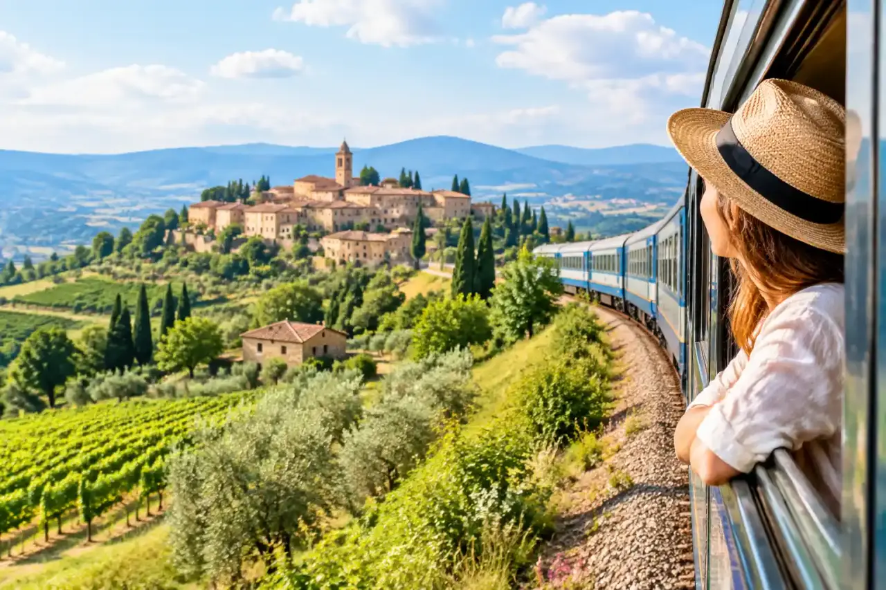Vue panoramique depuis la fenêtre d'un train régional traversant la campagne européenne