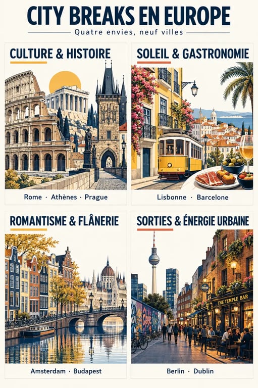 City break en Europe : infographie des destinations selon quatre ambiances de voyage
